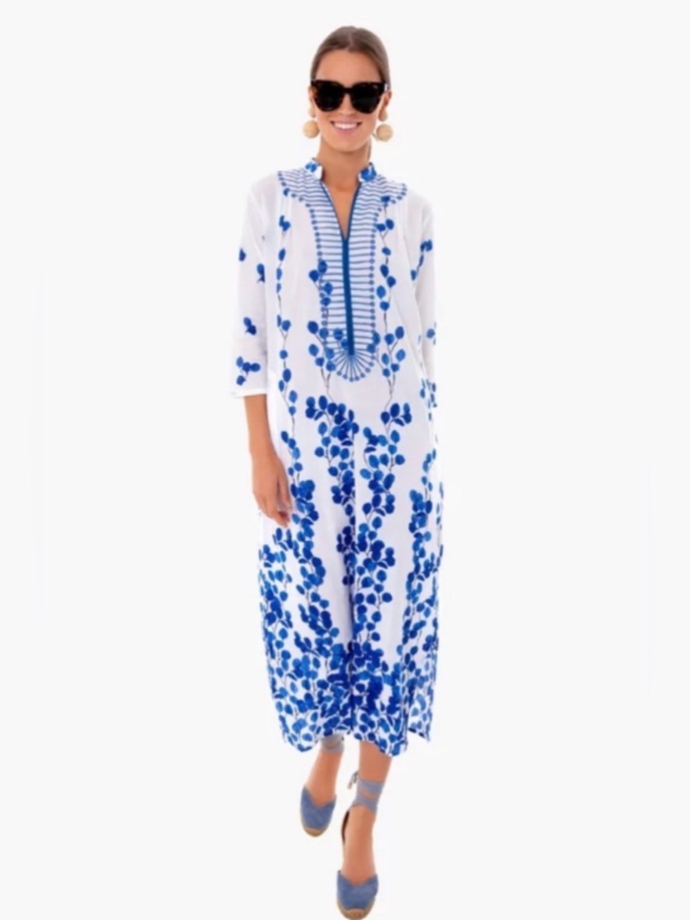 Ro's Garden Blue Leaf Clorinda Long Kaftan Dress Medium